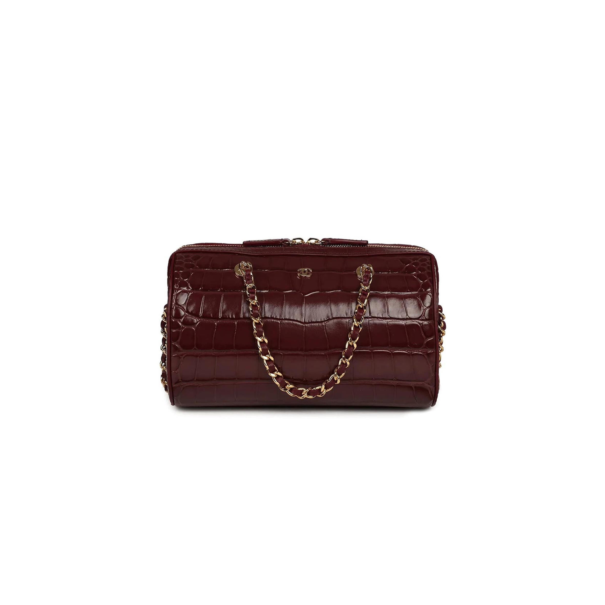 CHANEL MINI TIMELESS CLASSIC BARREL BAG WITH CHAIN DARK BURGUNDY CROCO EMBOSSED CALFSKIN GOLD HARDWARE AS5390 (18*13*10cm)
